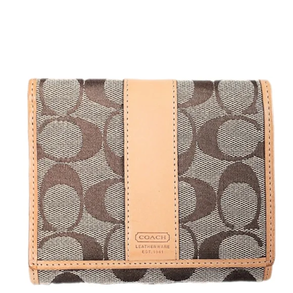 ๐ Vintage Y2K Coach Hampton Khaki Signature Stripe Compact Clutch Wallet - Picture 1 of 12